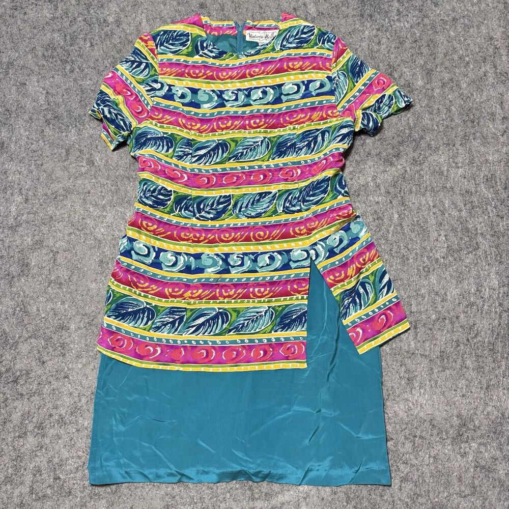 Vintage 90s Victoria Holley 100% Silk Dress Set 12P Abstract Tropical Tunic M